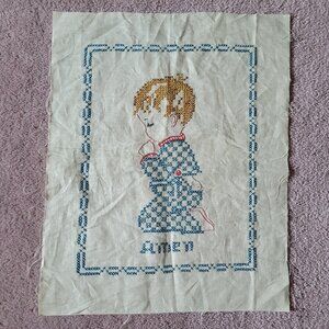 Vintage Bucilla Finished Cross Stitch Little Boy At Prayer Linen Unframed